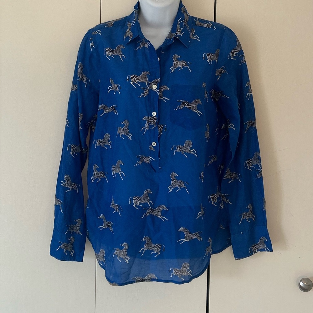 J.Crew Cotton/Silk Zebra print mother of pearl half button collared shirt 2